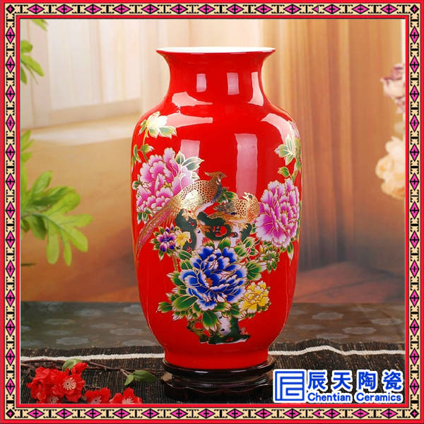景德镇陶瓷落地花瓶 时尚中国红牡丹花瓶 家饰客厅摆件