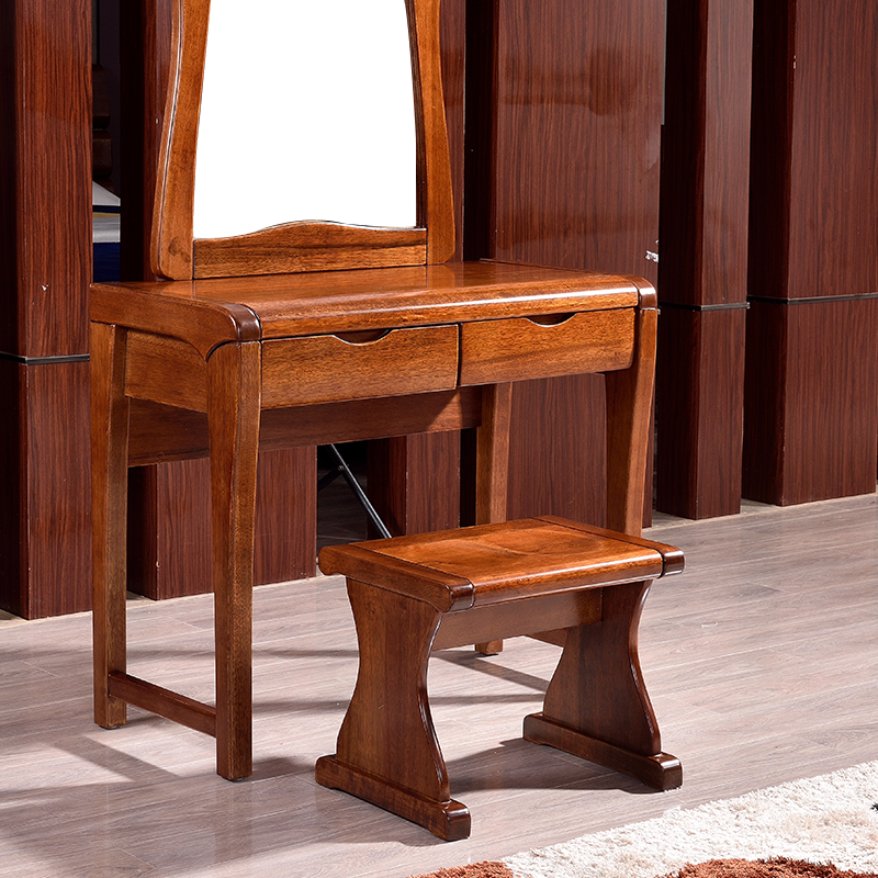 万家达胡桃木床卧室梳妆台全实木现代中式化妆镜带抽屉梳妆台桌凳