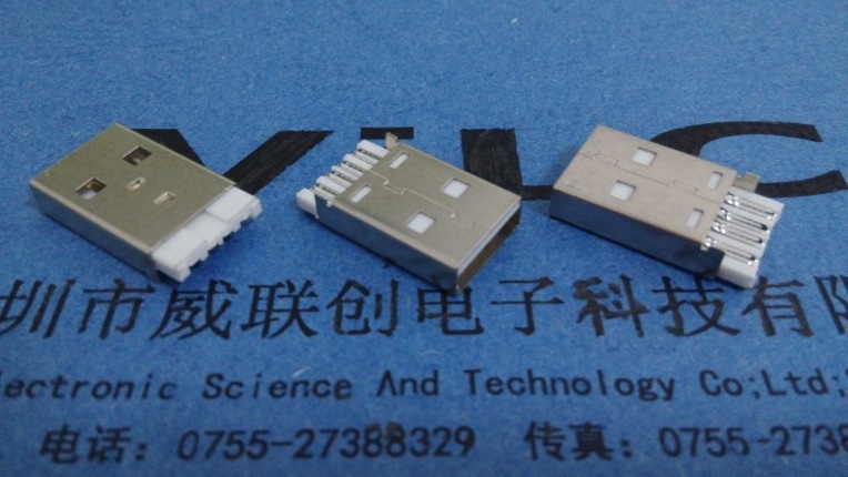 短体USB 连接器 A型公头-焊线式=镀金外壳♦LCP白胶