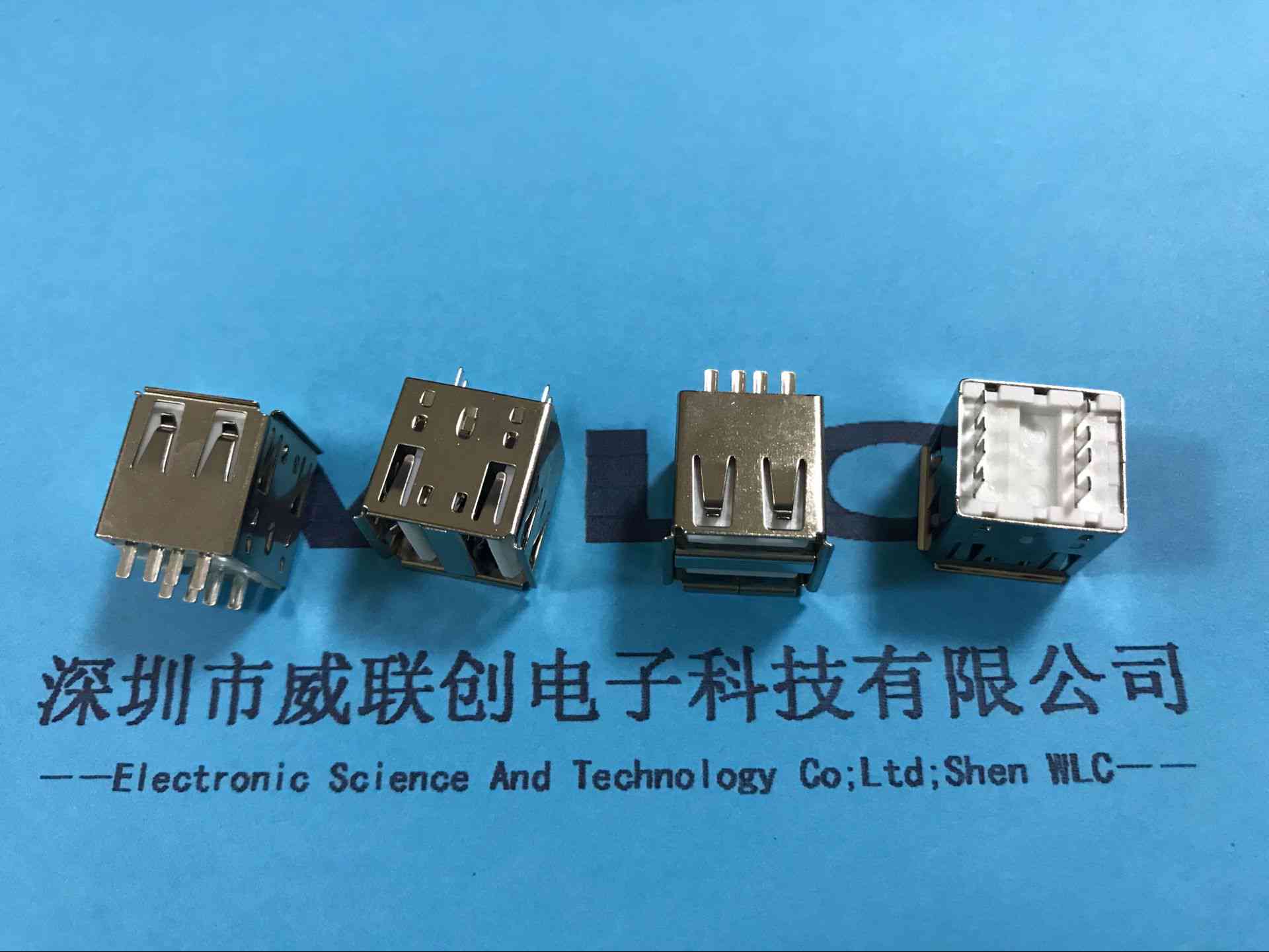 双层 USB 插座180度焊线式▷两层USB 2.0母座 亮锡壳