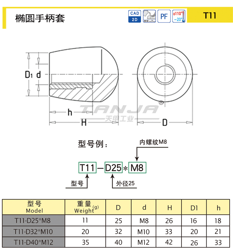 【天甲】T11椭圆手柄套 机械手柄套 固定手柄套 圆形手柄