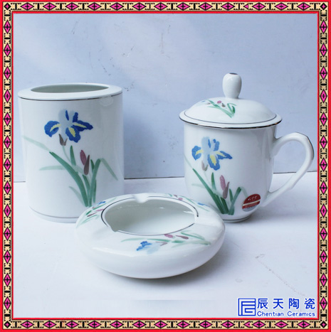 多款式陶瓷茶杯三件套 五彩陶瓷茶杯套装