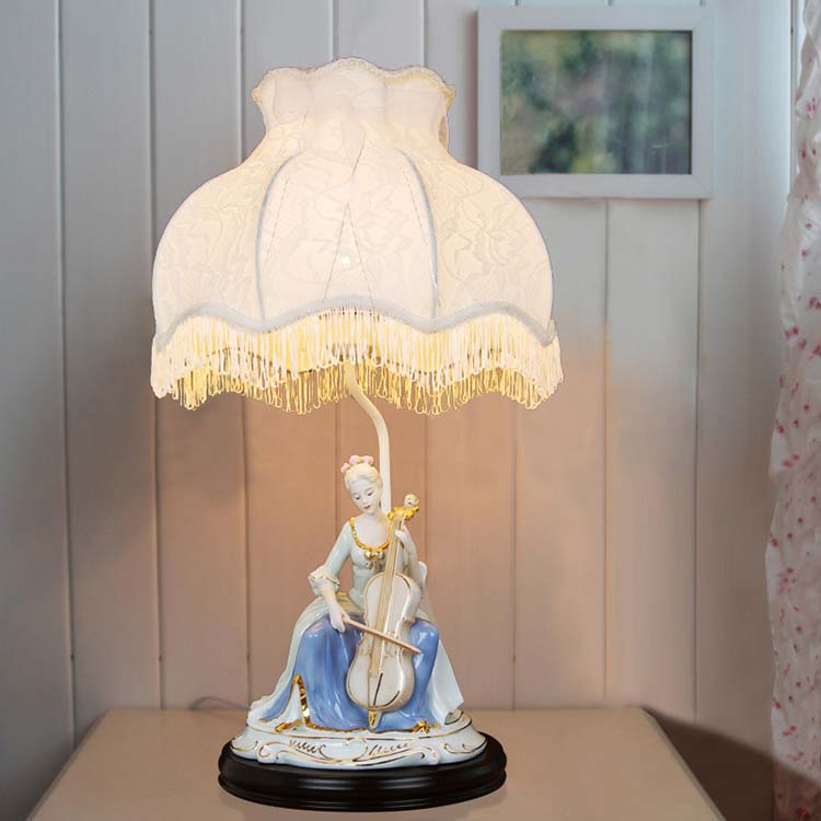 婚庆床头卧室创意欧式灯具蕾丝公主女孩布艺灯饰田园装饰陶瓷台灯