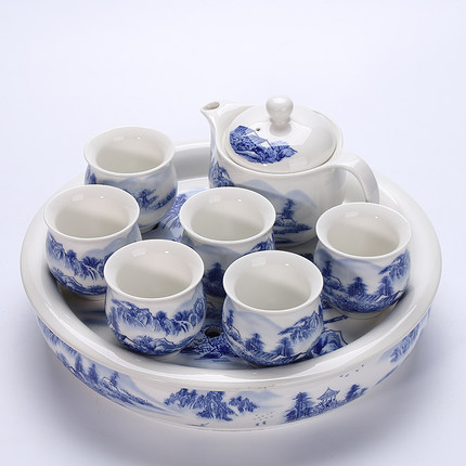 防烫陶瓷茶具套装 家用双层功夫茶具 青花瓷茶壶套装