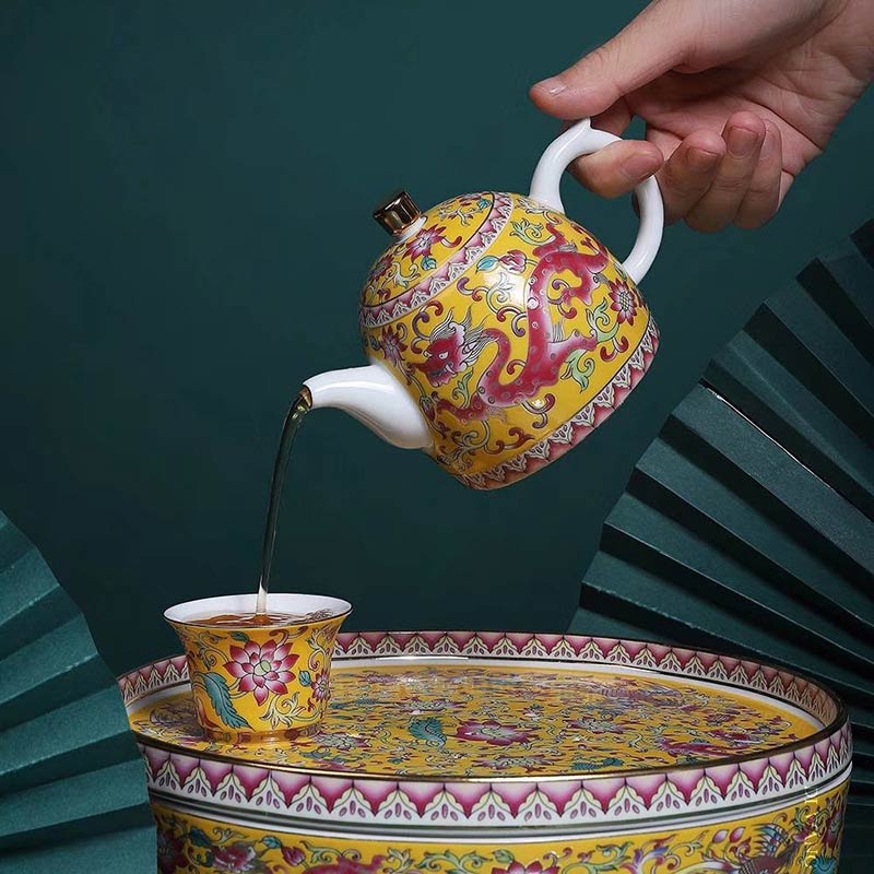 中式珐琅彩龙凤呈祥功夫茶具盖碗茶壶套装