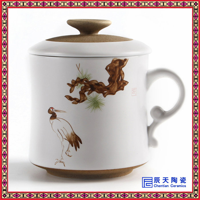 中式手绘陶瓷办公杯带盖会议水杯 家用大容量泡茶杯定制礼品