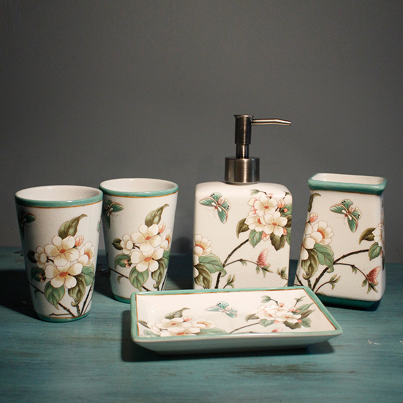 中式陶瓷卫浴四件套结婚用品美式卫生间漱口杯洗漱套装牙具