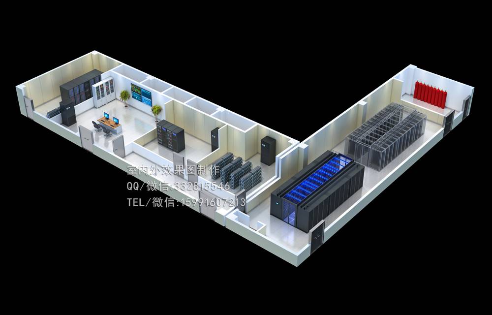 北京网络机房效果图制作|三甲医院机房建设以往案例俯视图