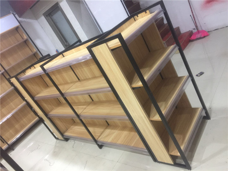 韶关顺源货架厂——韶关货架工厂便利店单面铁质转印木纹色钢木超市货架展示架展架储物架酒柜茶叶柜收银台定做厂家直销