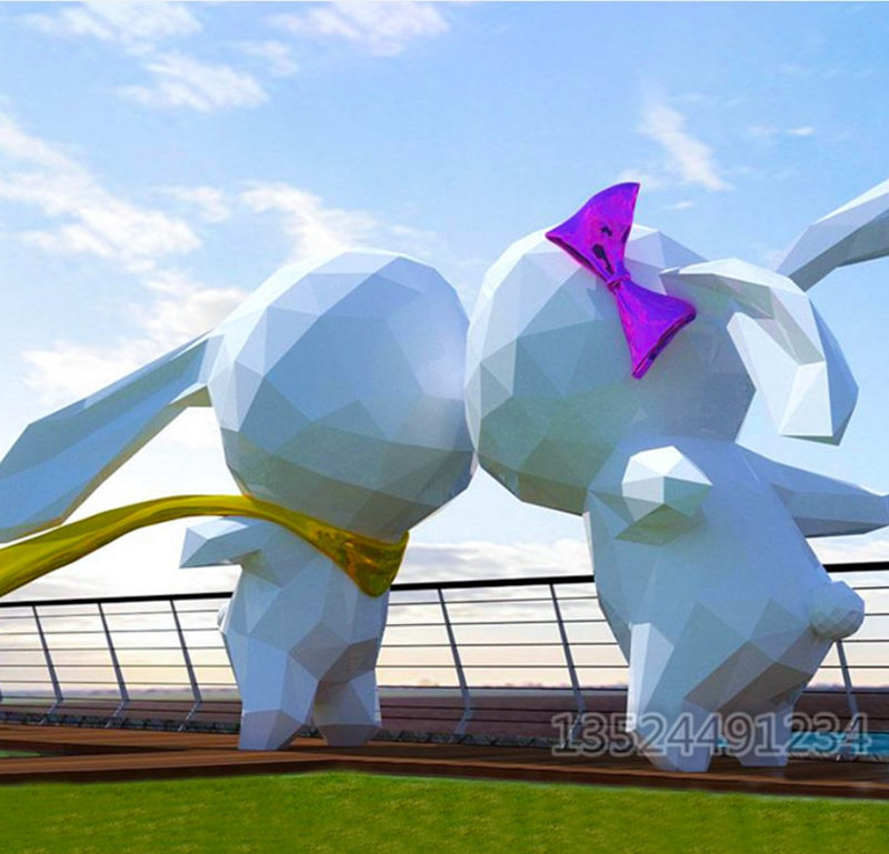 玻璃钢大型几何兔子雕塑 踩着云朵的兔子摆件