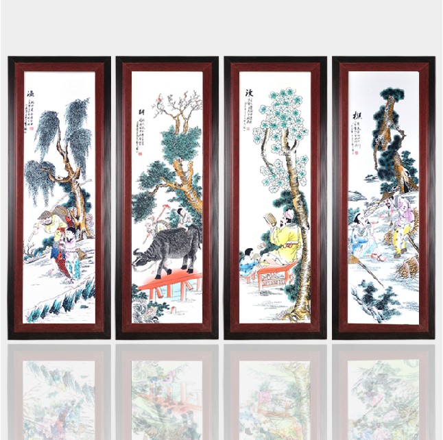 青花山水陶瓷挂画 抽象艺术装饰画