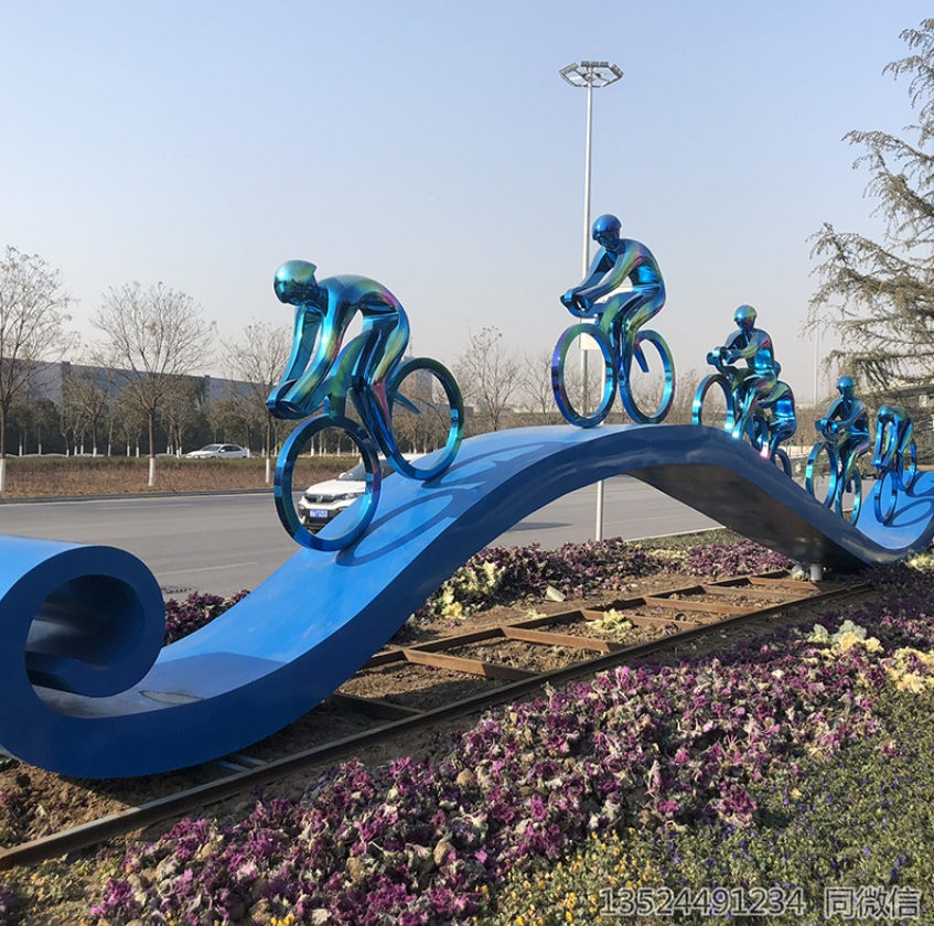 城市电镀不锈钢骑车人物雕塑 蓝色运动摆件