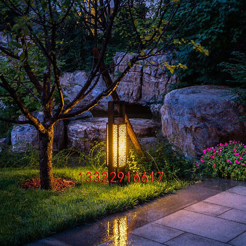 新中式庭院灯中式回字纹草坪灯复古雕花元素柱头灯户外景观灯亮灯图片