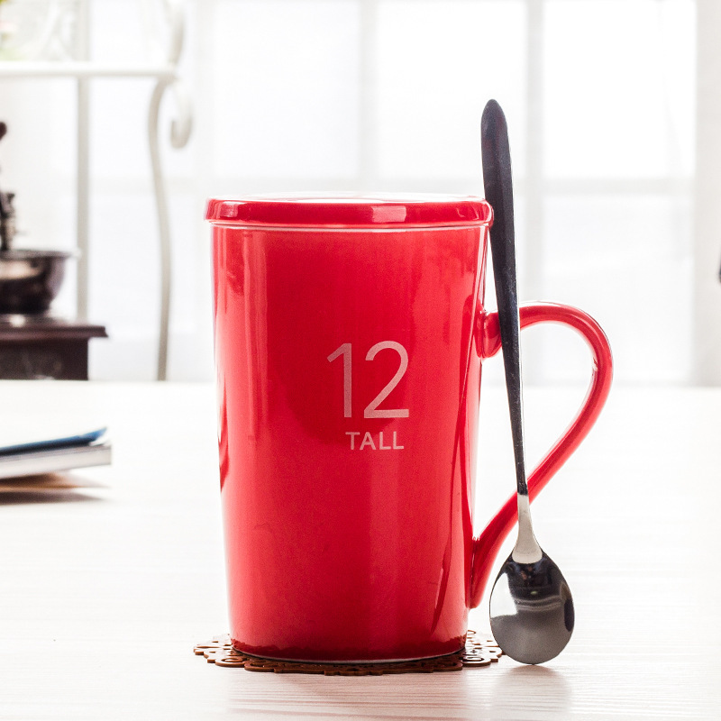 家用办公室茶水杯 带盖勺咖啡杯陶瓷马克杯