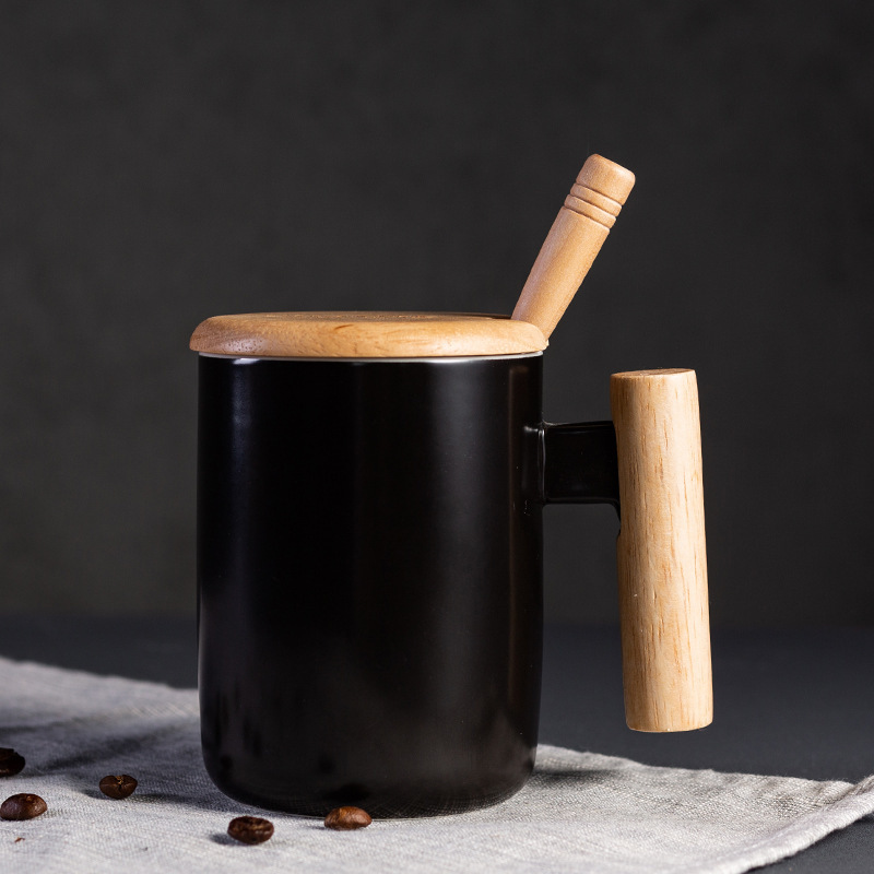 陶瓷办公杯 带盖木手柄咖啡杯马克杯礼品杯定制