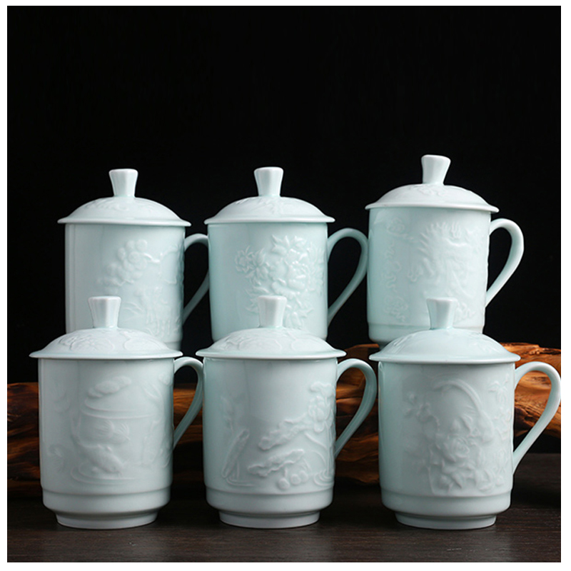 厂家定制陶瓷茶杯青釉盖杯浮雕礼品杯