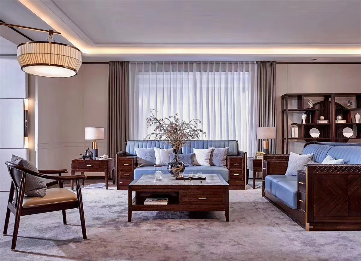 福源至檀新中式实木沙发中国风1+2+3组合轻奢红檀木客厅大户型木加布沙发