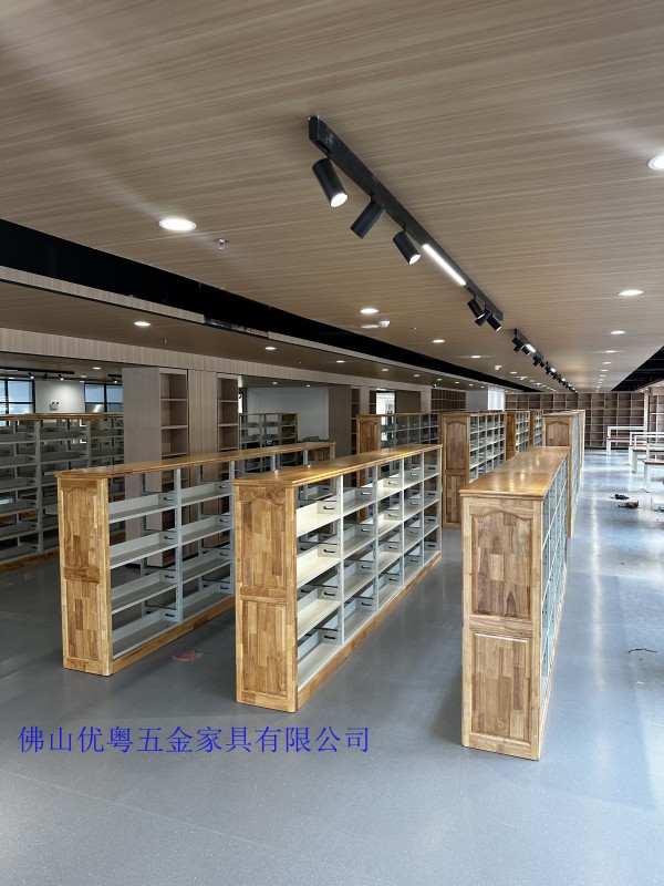 广州图书馆书架木纹转印钢制书架厂家定做